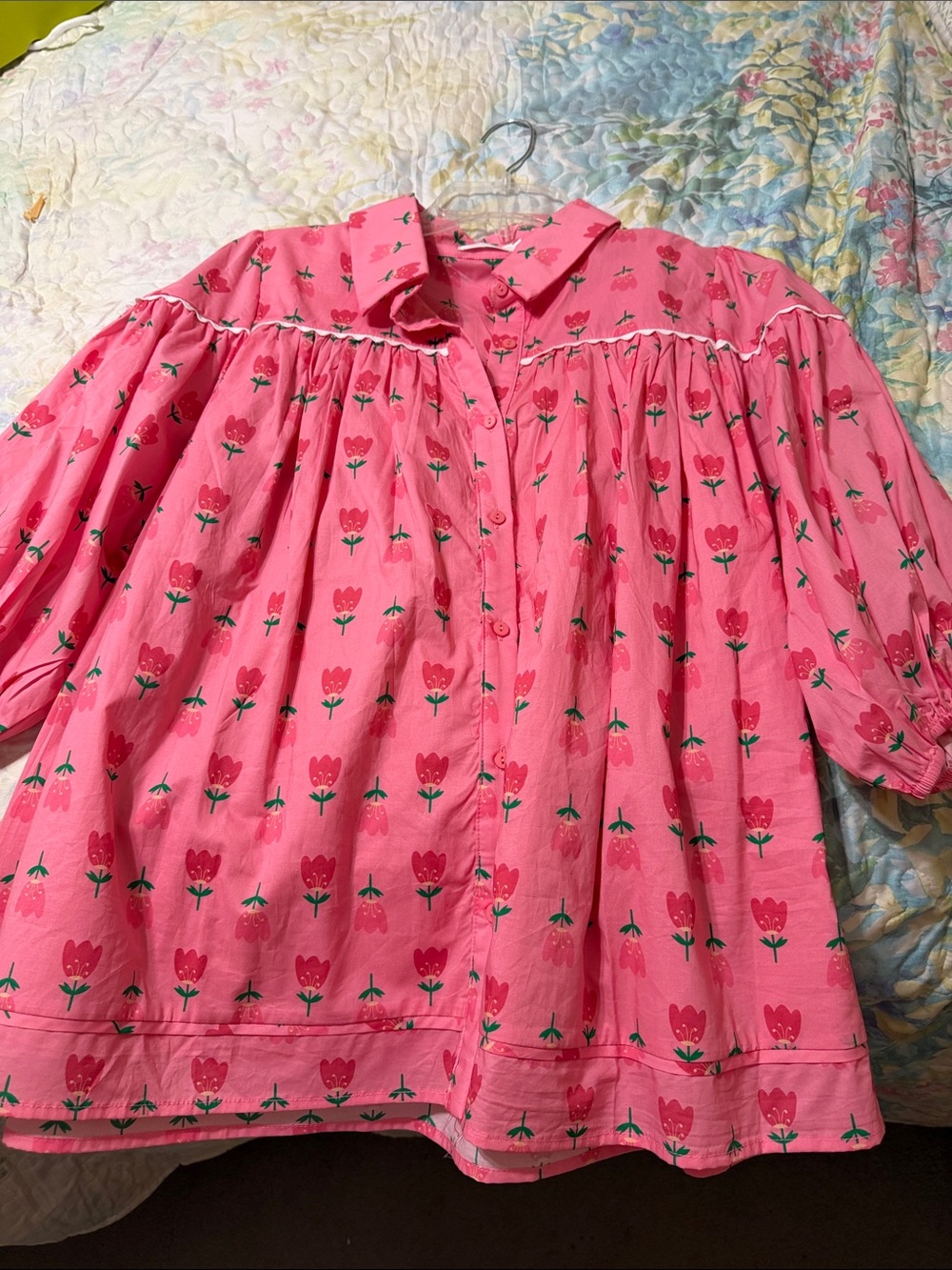 Pink Floral Button-Front Peasant Blouse